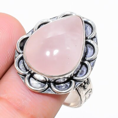Rose Quartz Gemstone 925 Sterling Silver Jewelry Ring Size 9 f534