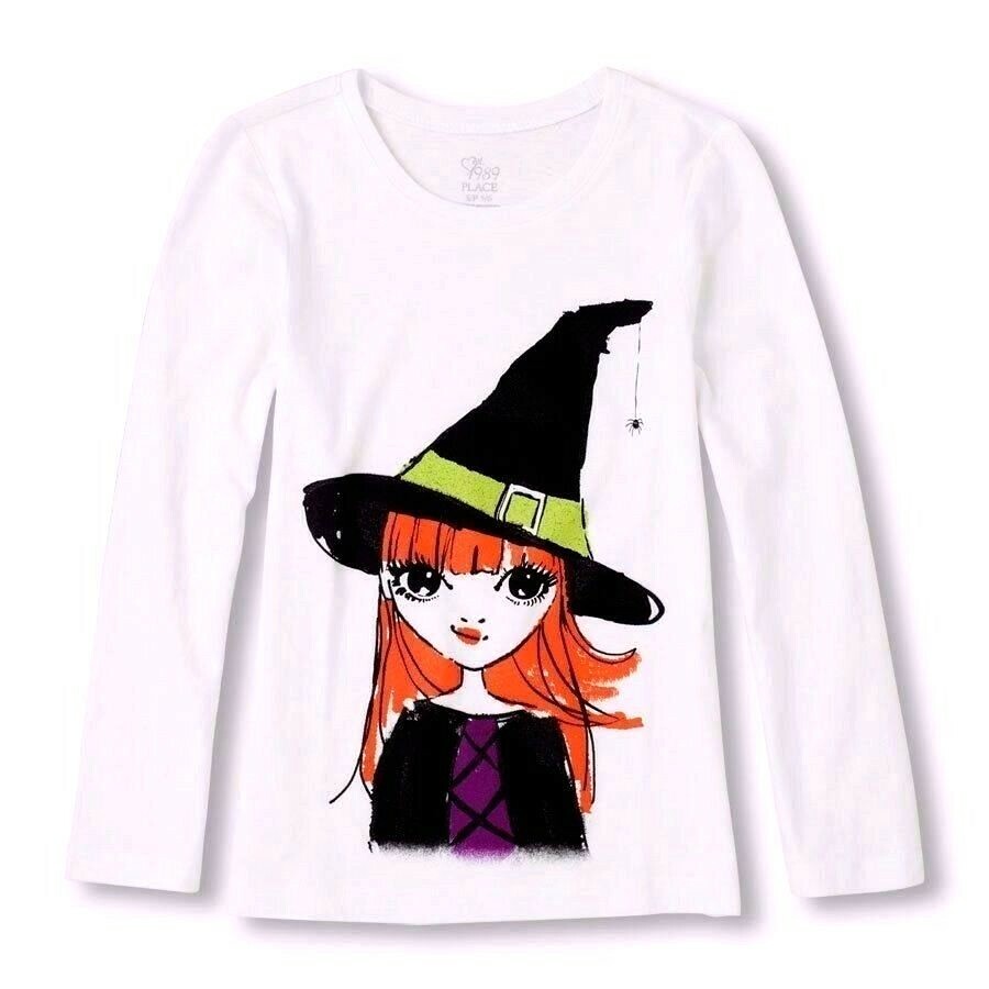 THE CHILDREN'S PLACE WITCH BLACK HAT GIRLS ФУТБОЛКА ТОП 4 XS S 5/6 HALLOWEEN