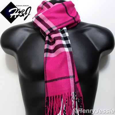WOMEN Hot Pink Black White Large Stripe Plaid Cashmere Feel Scarf*100%Acrylic