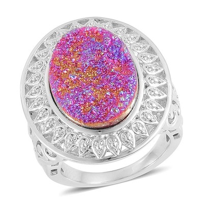 Size 7 NIB $69.99 Genuine Pink Drusy Quartz & Simulated Diamond Ring L-22