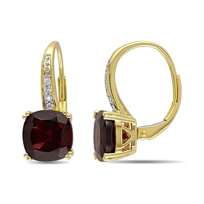 Pre-owned Amour 6 1/6 Ct Tgw Cushion Cut Garnet Leverback Earrings With Diamonds In 10k In Yellow