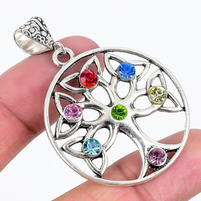 7 Stone Chakra 925 Silver Plated Handmade Pendant of 2.3''
