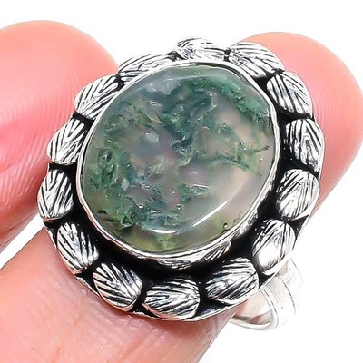 Indian Moss Agate Gemstone Handmade 925 Sterling Silver Gift Jewelry Ring 7" c96