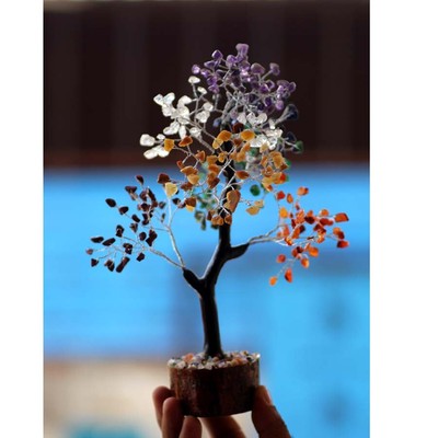 7 Chakra Amethyst+Citrine+Lapis+Carnelian SIlver Branch Bonsai Tree Decor 10.5''