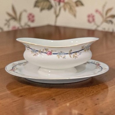 Victoria Czechoslovakia Fine China Gravy Boat, Underplate Attached Vtg Tableware