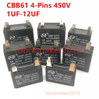 CBB61 450V 1UF/1.2/1.5/2UF/2.5/3UF/3.5/4/4.5/5/6/7/8/10/12 UF Capacitor 4 Pins