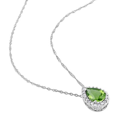 Pre-owned Amour Pear Shaped Peridot And 1/5 Ct Tw Diamond Halo Pendant With Chain In 14k In White