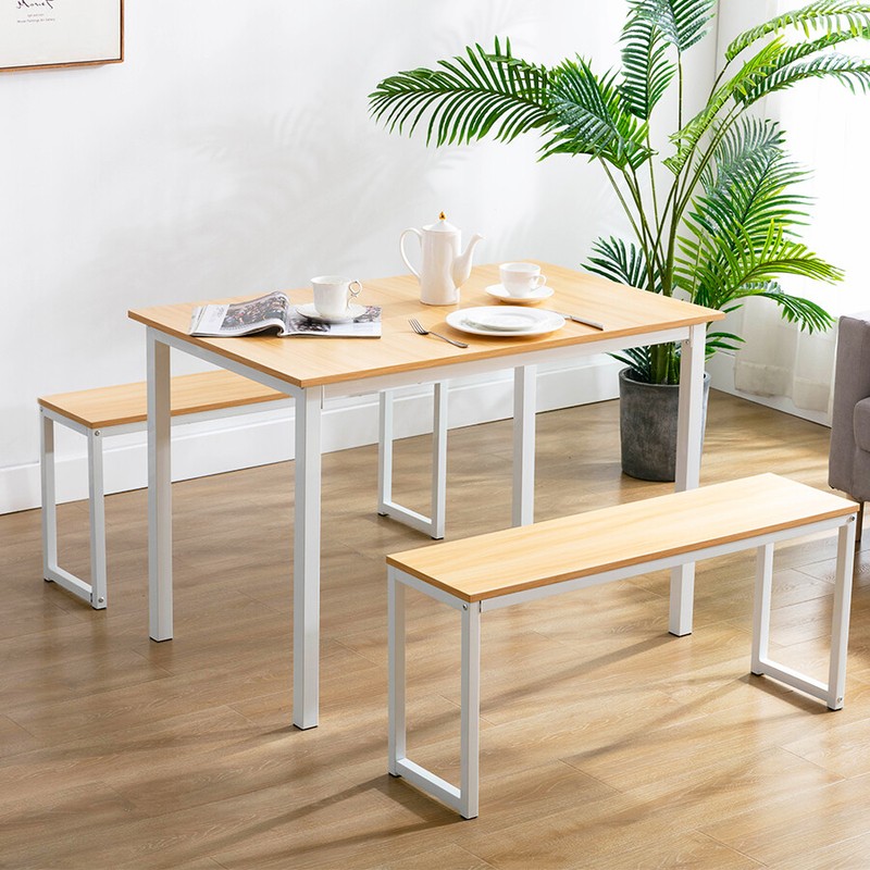Dining Table Set and 2 Bench Group Dining Table Kitchen Wood Chairs for 4 People
