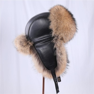Men's Real Silver Fox Fur Bomber Hat Raccoon Fur Ushanka Cap Trapper Russian