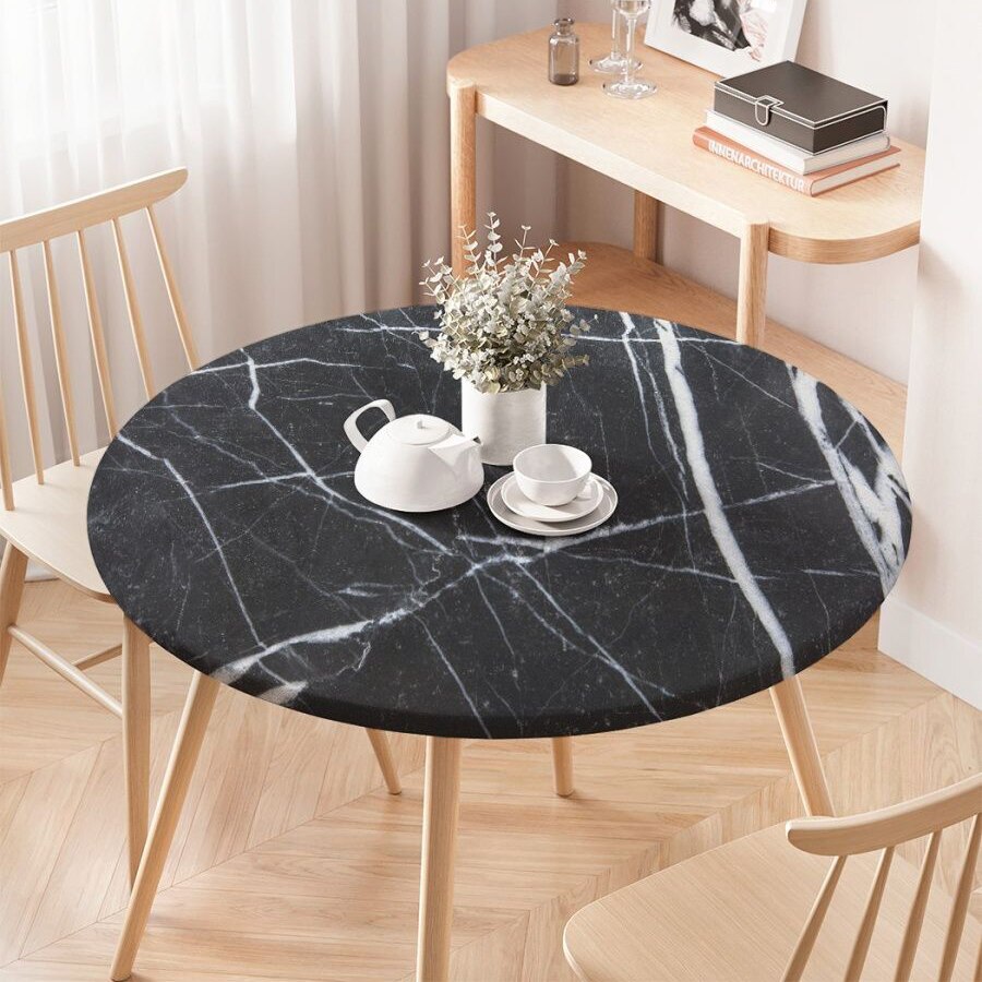 Marble Texture Fitted Round Tablecloths Waterproof Elastic Edged Table Covers