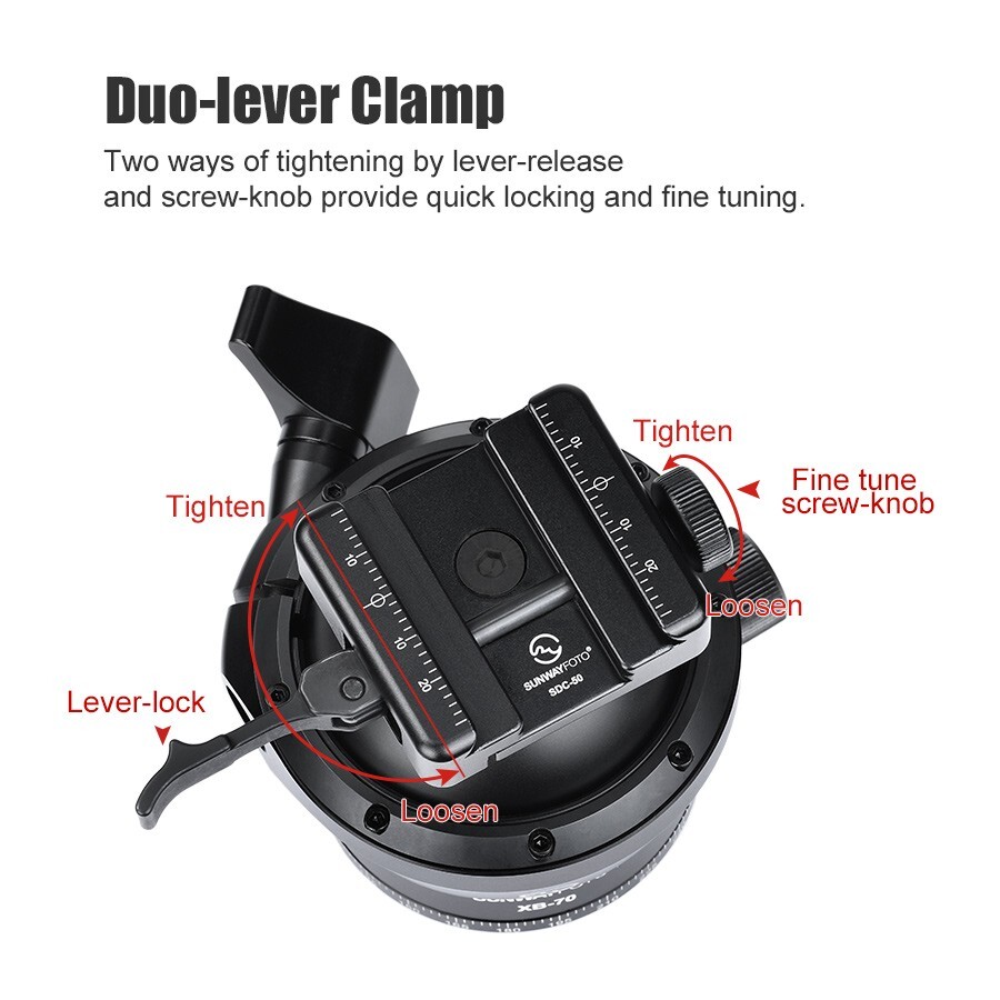 SUNWAYFOTO 70mm  Ballhead for Hunting Tripod,with Picatinny and Arca Swiss Clamp