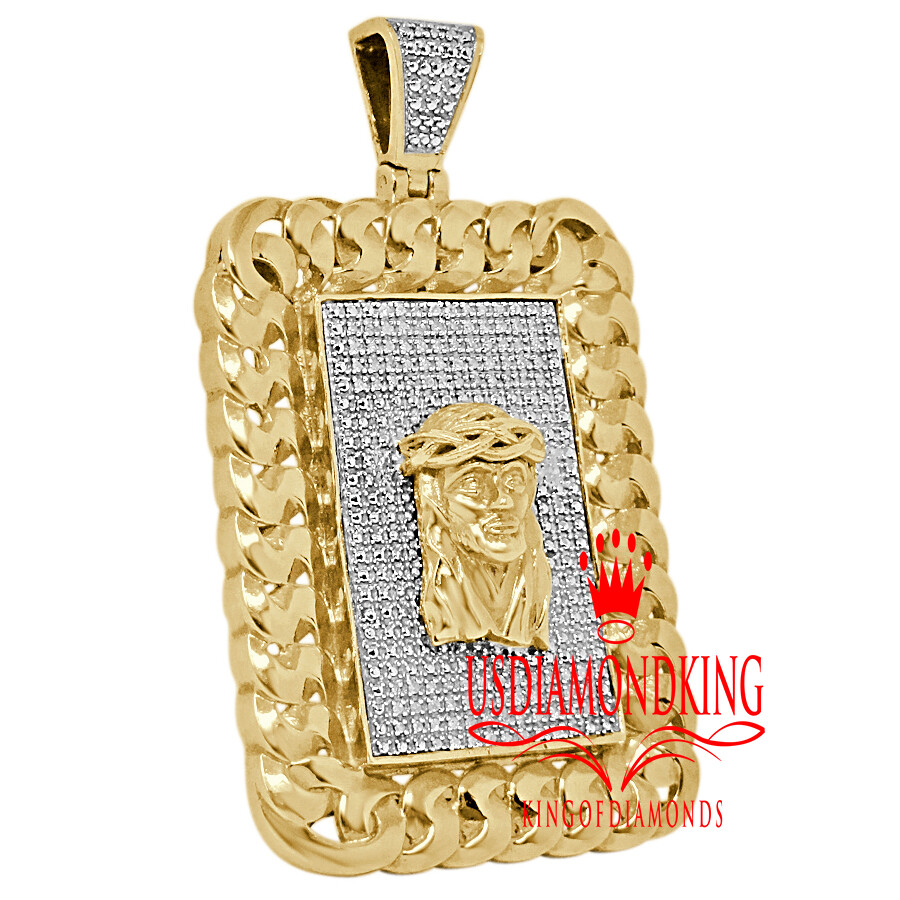 Pre-owned Us Diamond King Mens Real Diamonds Jesus Face Miami Cuban Charm 10k Yellow Gold Finish Pendent In Yellow/clear