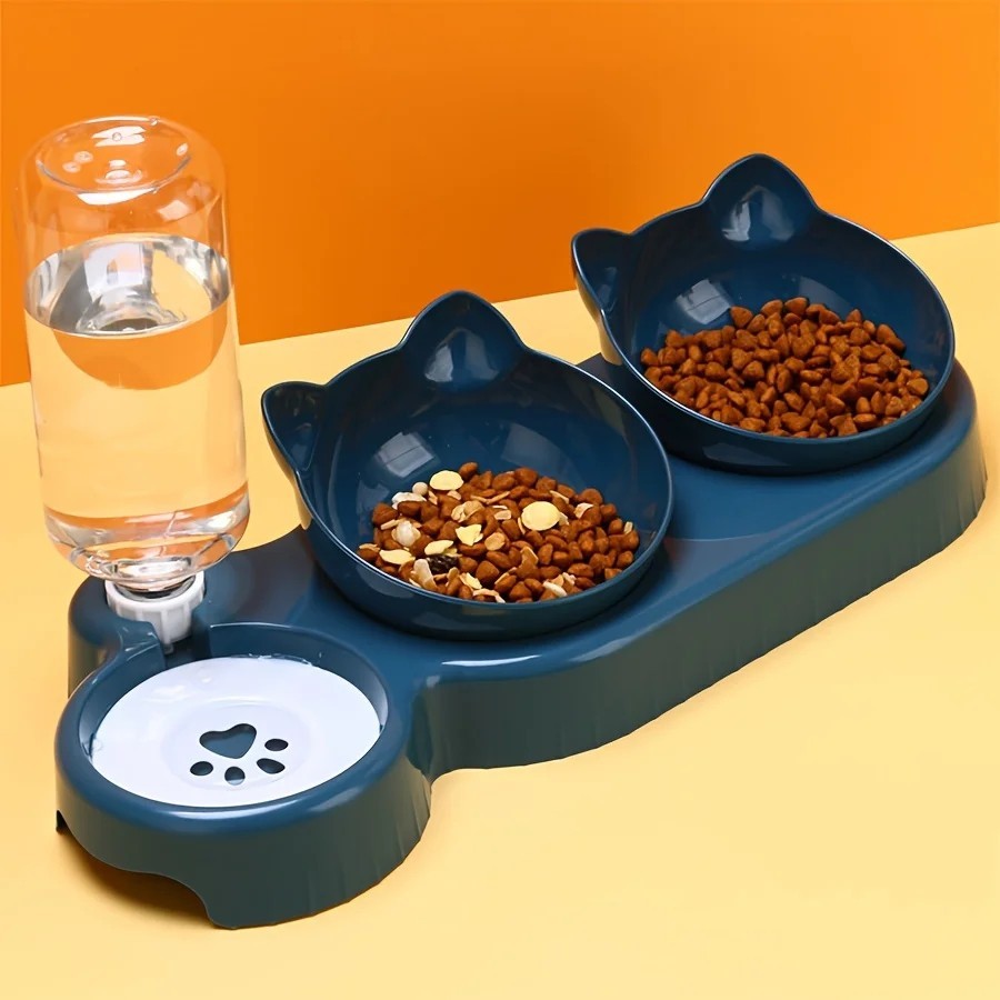 3-in-1 Water Feeder Bowls Cat Double Food Bowls with Automatic Water Bottle Bowl