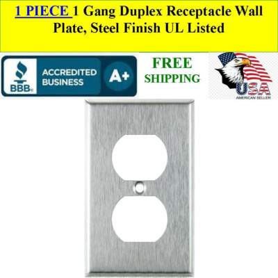 1 PLATE 1 Gang Duplex Receptacle Wall Plate, Steel Finish, UL Approved