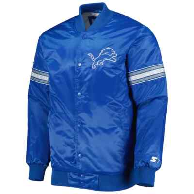 80s NFL Detroit Lions Blue Retro Satin Classic Bomber Full Snaps Varsity Jacket