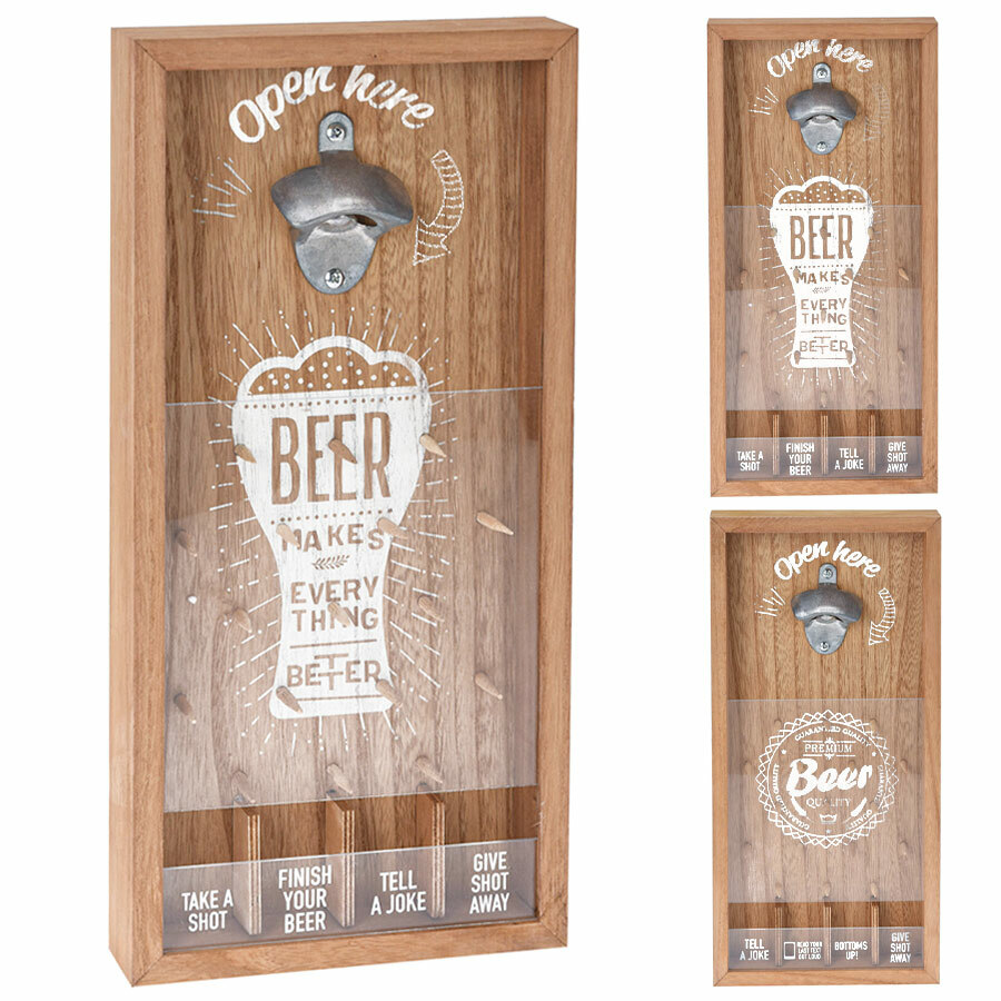Wand-Flaschenöffner Trinkspiel mit Auffangbehälter Kapselheber Bieröffner Holz