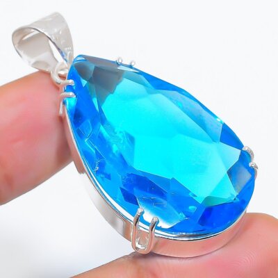 Swiss Blue Topaz Gemstone 925 Sterling Silver Jewelry Pendant 1.89'' A043