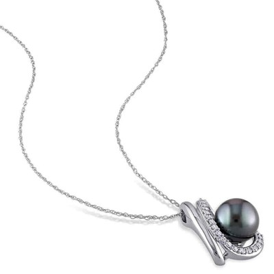 Pre-owned Amour 1/4 Ct Tw Diamond And 9 - 9.5 Mm Black Tahitian Pearl Curlicue Pendant In White