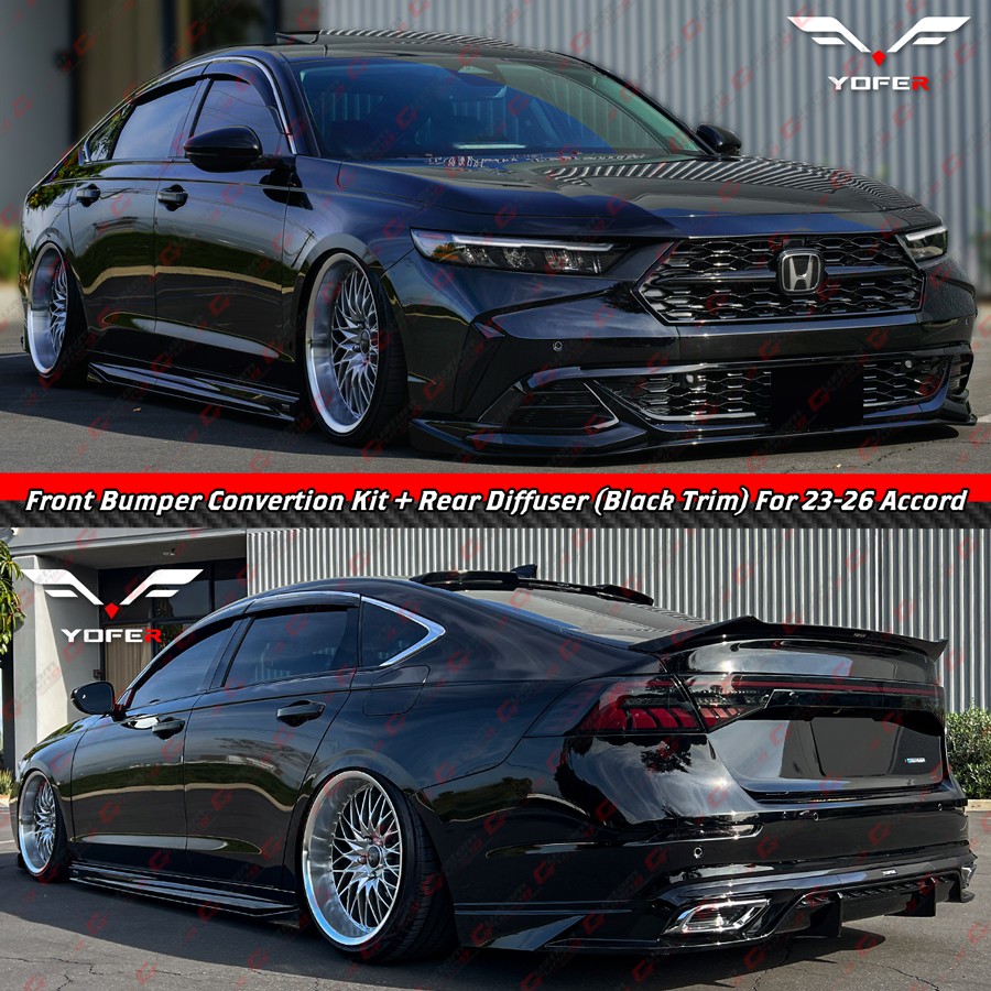 For 23-26 Accord Yofer Gloss Black 3PC Front Bumper + Lower Lip + Rear Diffuser