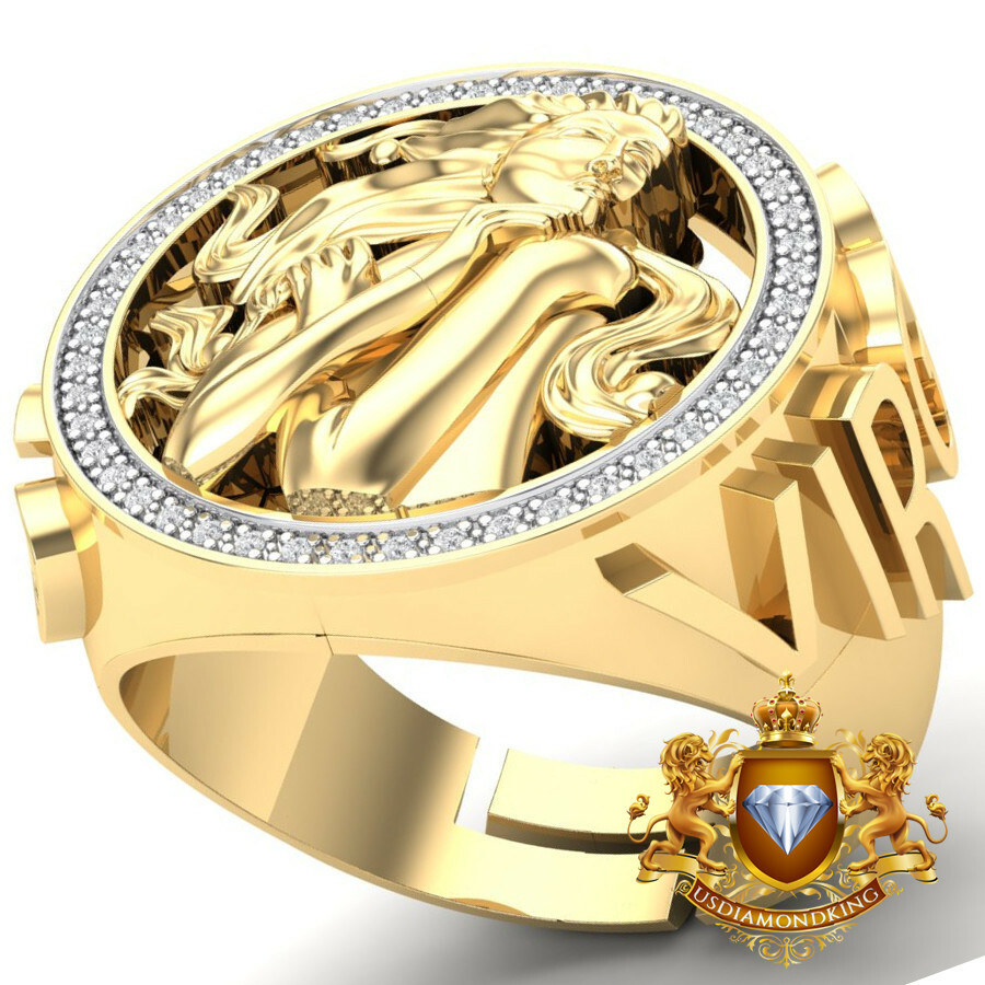 Pre-owned Us Diamond King Men's Real Genuine Diamond 10k Gold Finish Zodiac Sign Virgo Lucky Ring Band In H