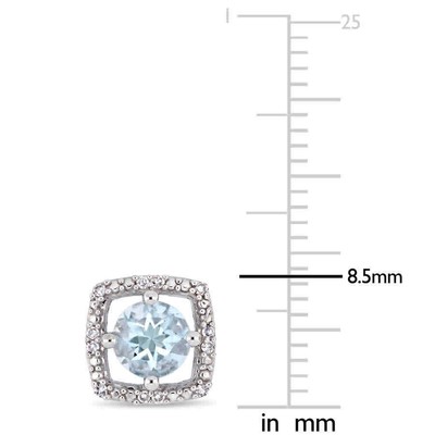 Pre-owned Amour 4/5 Ct Tgw Aquamarine And Diamond Square Halo Stud Earrings In 10k White