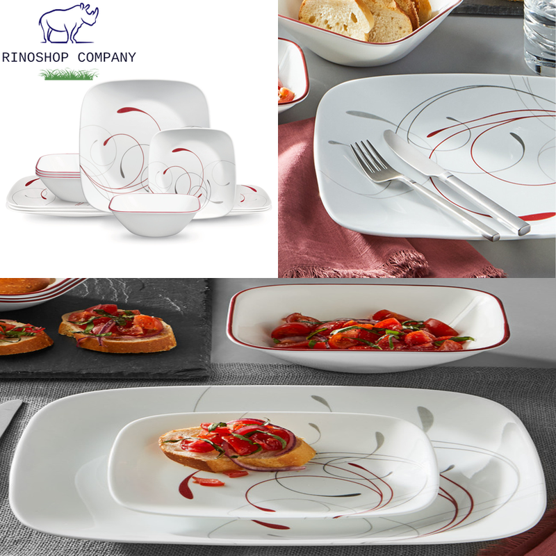 Corelle Splendor Square 12 Piece Lunch Dinnerware Set, White Red & Gray
