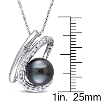 Pre-owned Amour 1/4 Ct Tw Diamond And 9 - 9.5 Mm Black Tahitian Pearl Curlicue Pendant In White