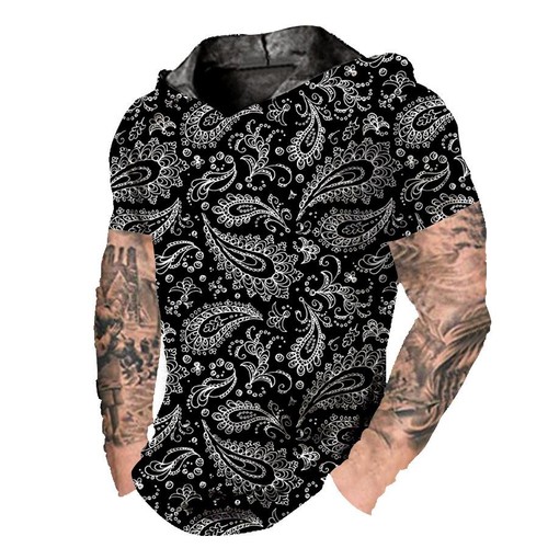 Men's T Shirt Hoodie Pullover Hooded Paisley Black Short Sleeve Soft LightWeight