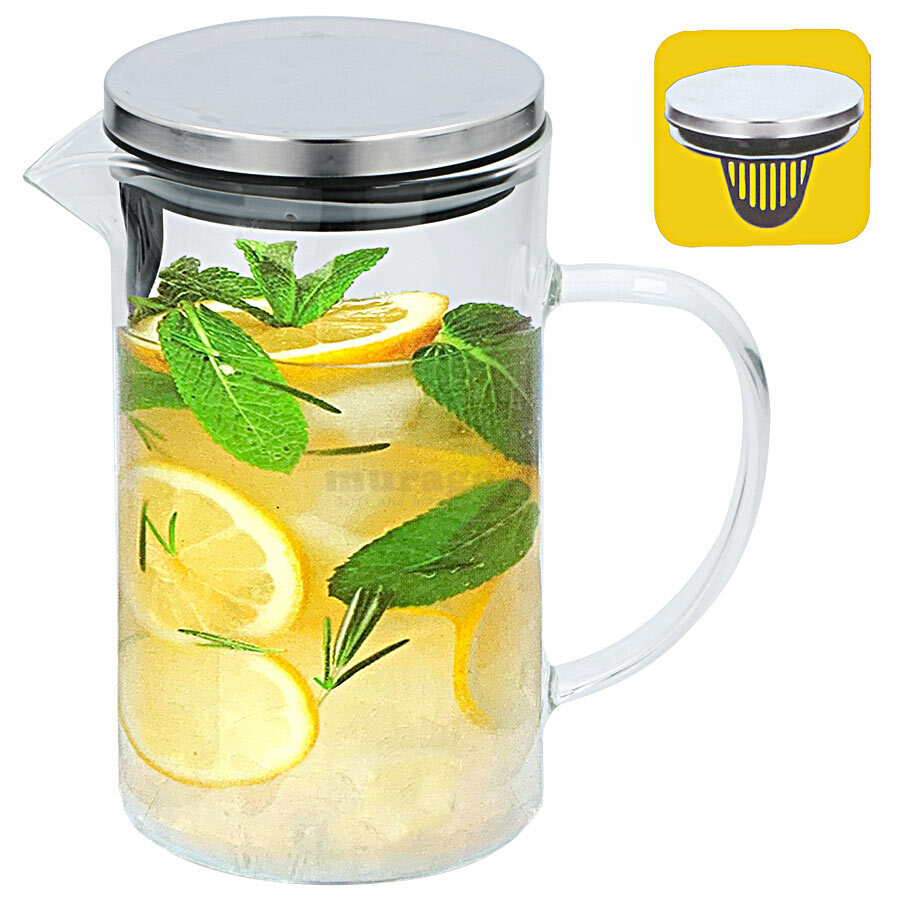 Glaskaraffe mit Deckel ca.1L Saft Wasser Karaffe Edelstahl Krug Kanne Einsatz