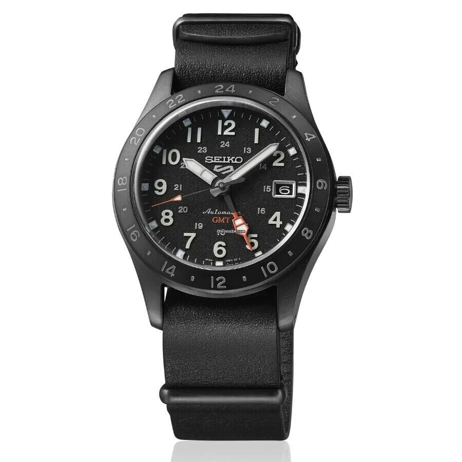 Pre-owned Seiko 5 Sports Automatic Gmt Black Dial Leather Strap Watch Ssk025