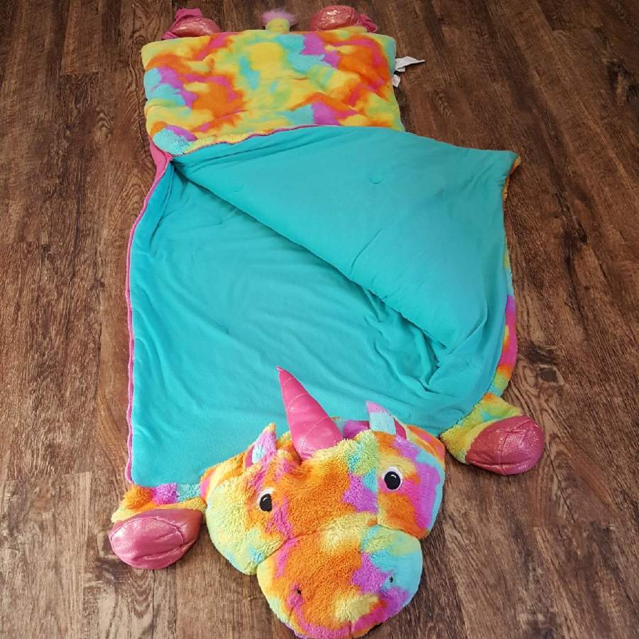TWO Rare Kids Plush Animal Slumber Sleeping Bag Soft Fur Rainbow Tie Dye Unicorn