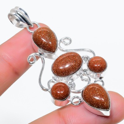 Sunstone   Gemstone Handmade 925 Sterling Silver Jewelry Pendant Size 2''