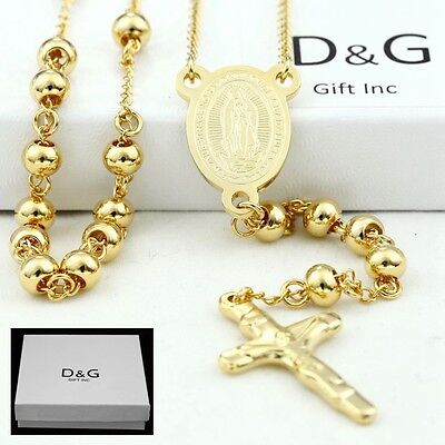 DG Stainless Steel 25'' Beaded Rosary VIRGIN MARY,JESUS CROSS Gold plated BOX