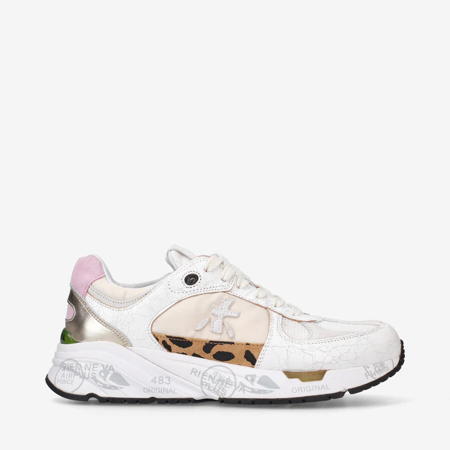 Premiata Women's White Leather Sneakers with Yellow Flu