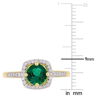 Pre-owned Amour 4/5 Ct Tgw Created Emerald And 1/7 Ct Tw Diamond Halo Ring In 10k Yellow In Check Description