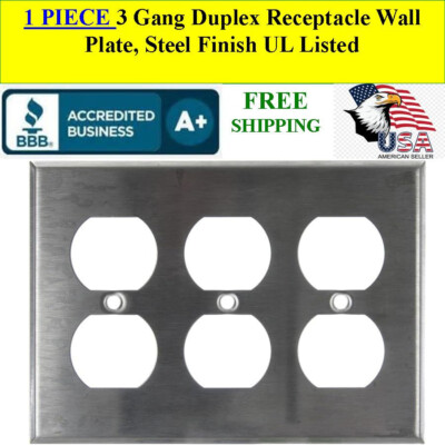 1 PLATE 3 Gang Duplex Receptacle Wall Plate, Steel Finish, UL Approved