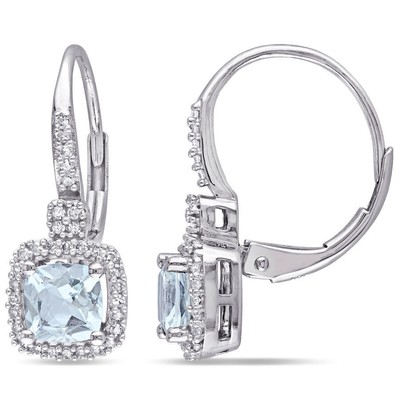 AMOUR AMOUR CUSHION CUT AQUAMARINE AND 1/5 CT TW DIAMOND HALO LEVERBACK EARRINGS IN