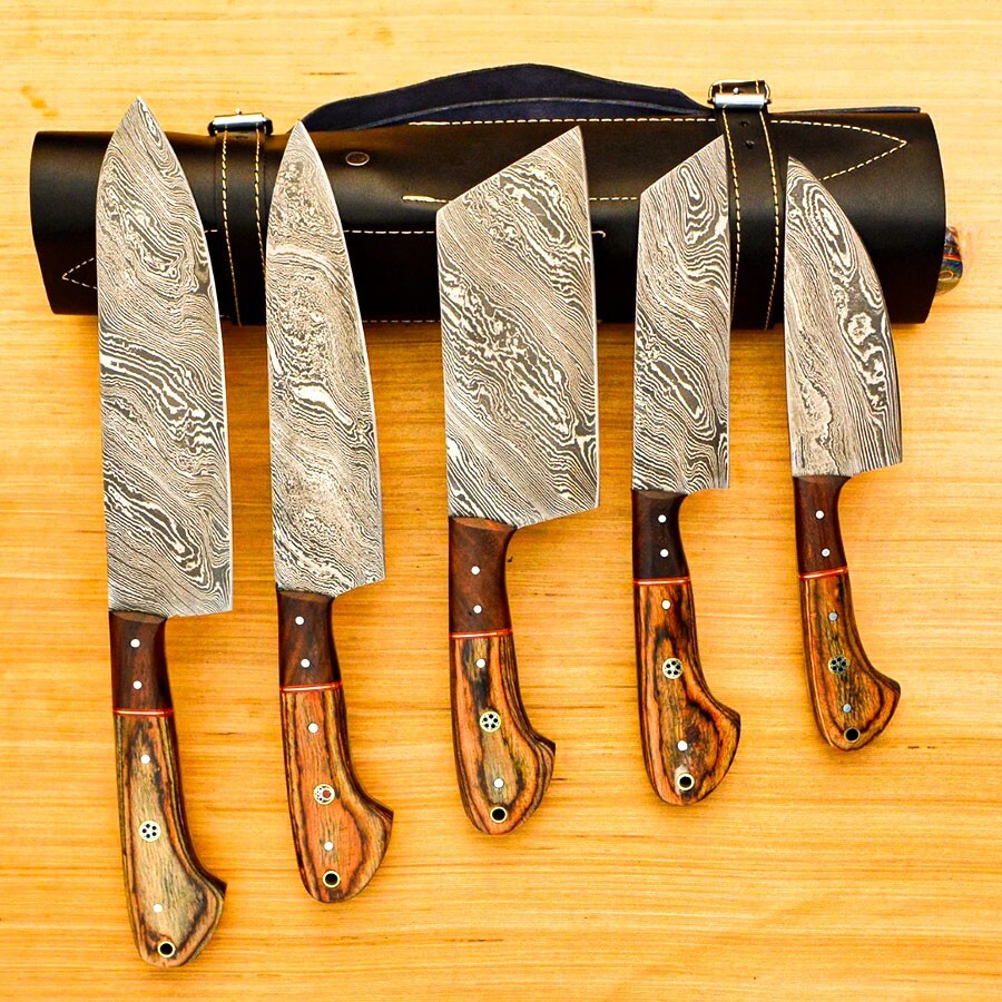 Handmade Damascus Steel Knife Set Of 5pcs With Leather Cover Chef Knives Set AU