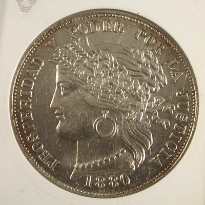 Lustrous 1880BF Large Size Peru Silver Coin Lima Mint Five Pesetas ANACS AU55