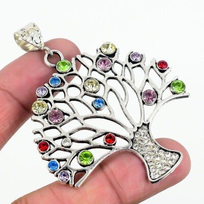 7 Stone Chakra Tree Of Life 925 Silver Plated Handmade Pendant of 3''