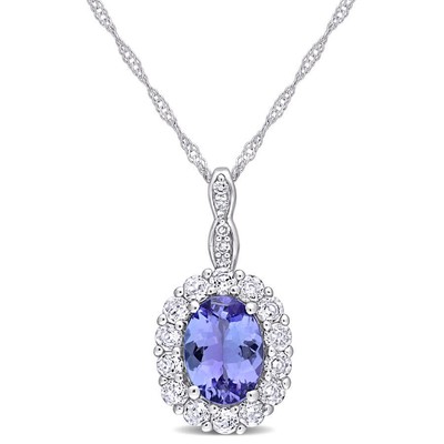 Pre-owned Amour Oval Shape Tanzanite, White Topaz, And Diamond Accent Vintage Halo Pendant