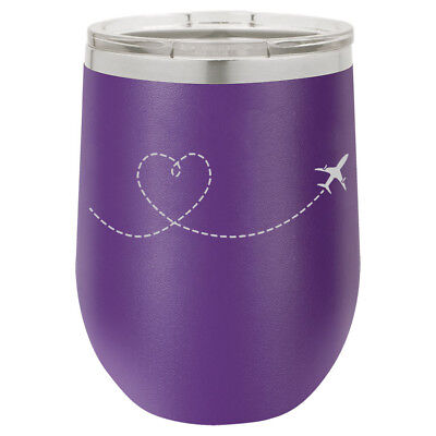 Stemless Wine Tumbler Coffee Travel Mug Glass Heart Love Travel Airplane