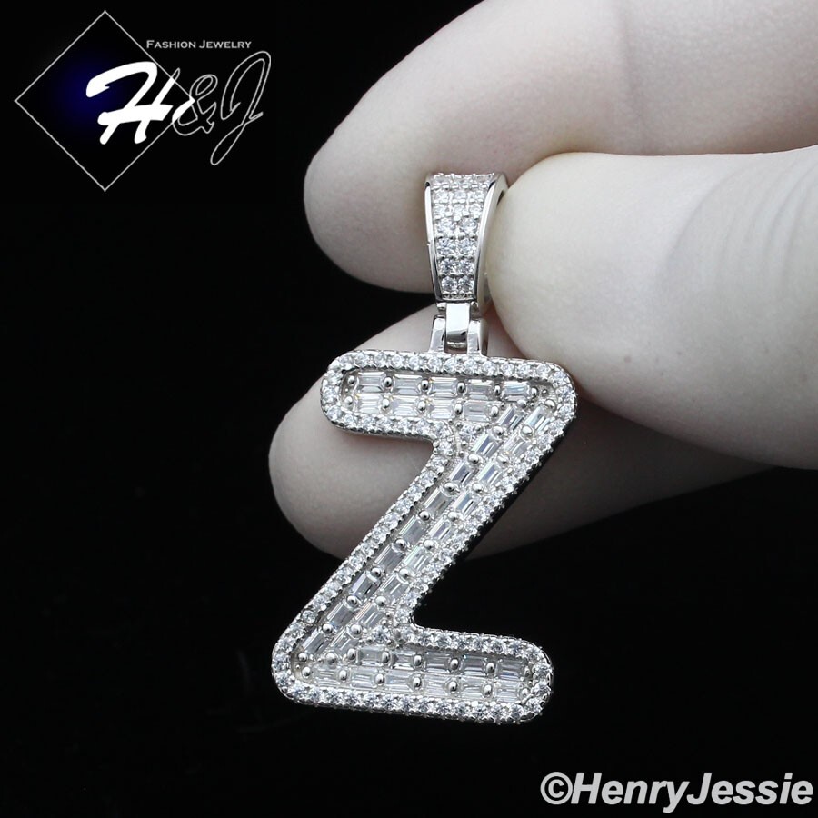 MEN WOMEN 925 STERLING SILVER BLING BAGUETTE CZ INITIAL