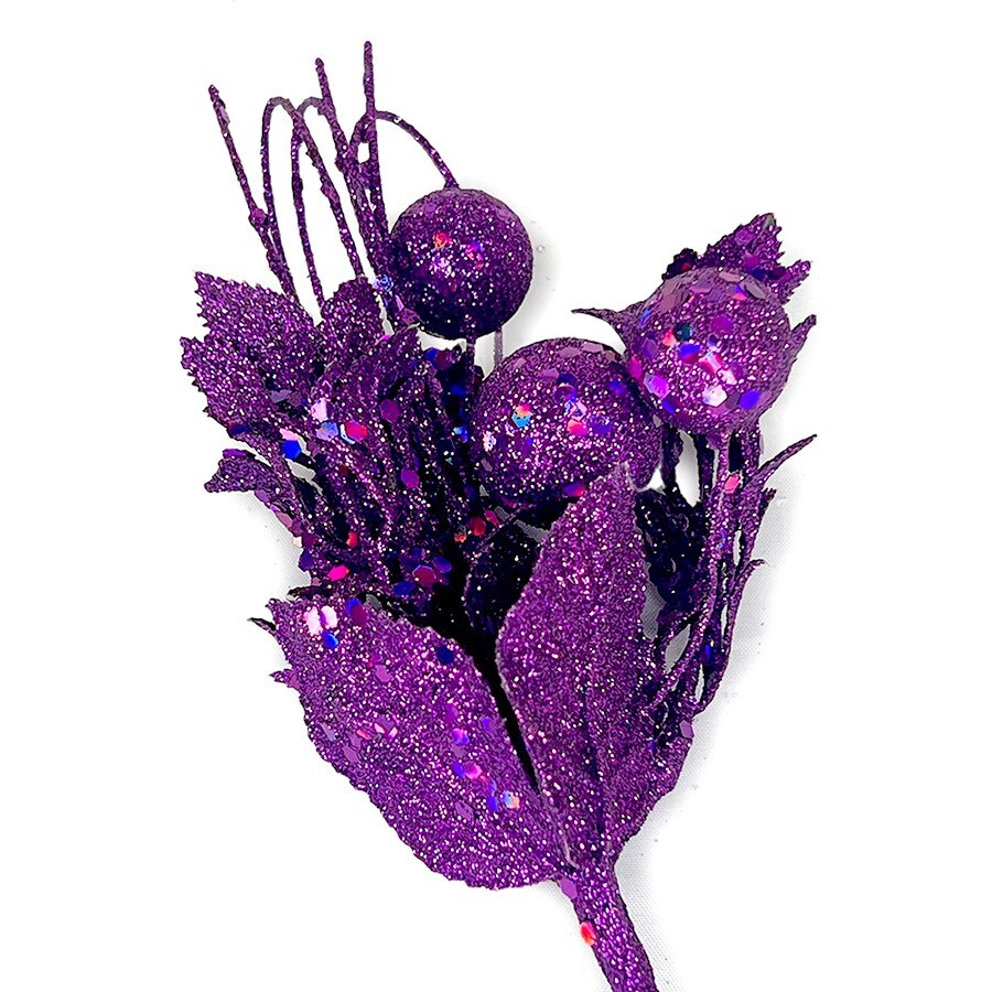 Purple Glittered Leaf Sprigs with Large Berries - 8