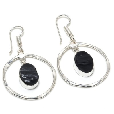 Black Tourmaline Gemstone Handmade 925 Sterling Silver Jewelry  Earring Sz 1.50''