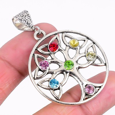 7 Stone Chakra 925 Silver Plated Handmade Pendant of 2.28''