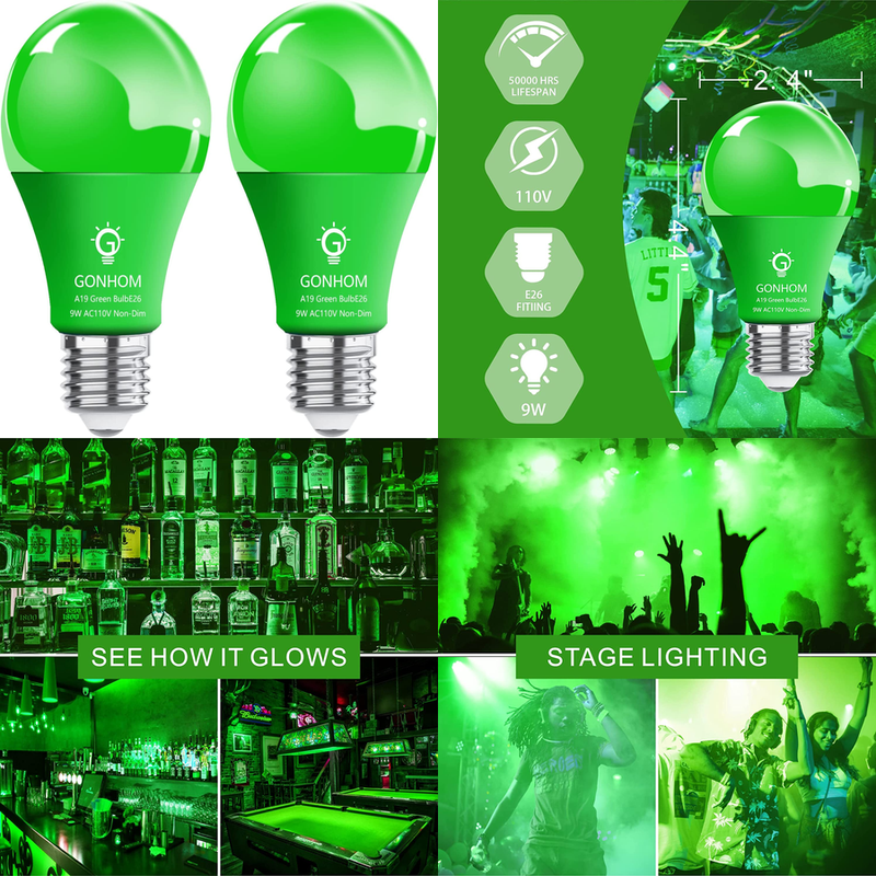2 Pack A19 LED Green Light Bulb 9W Equivalent 100 Watt E26 Base Energy-Efficient