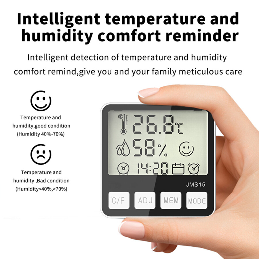 JMS15 Digital Humidity and Temperature Gauge with Time Date Clock Alarm Setting