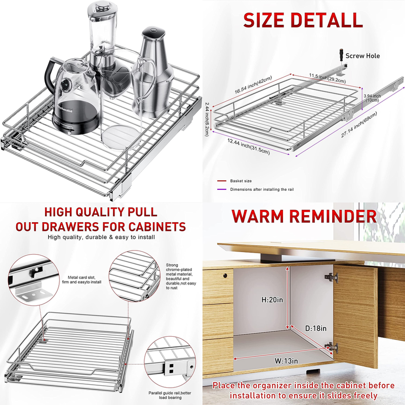 Slide Out Pull Out Cabinet Organizer Drawer Storage Stainless Steel 12.4
