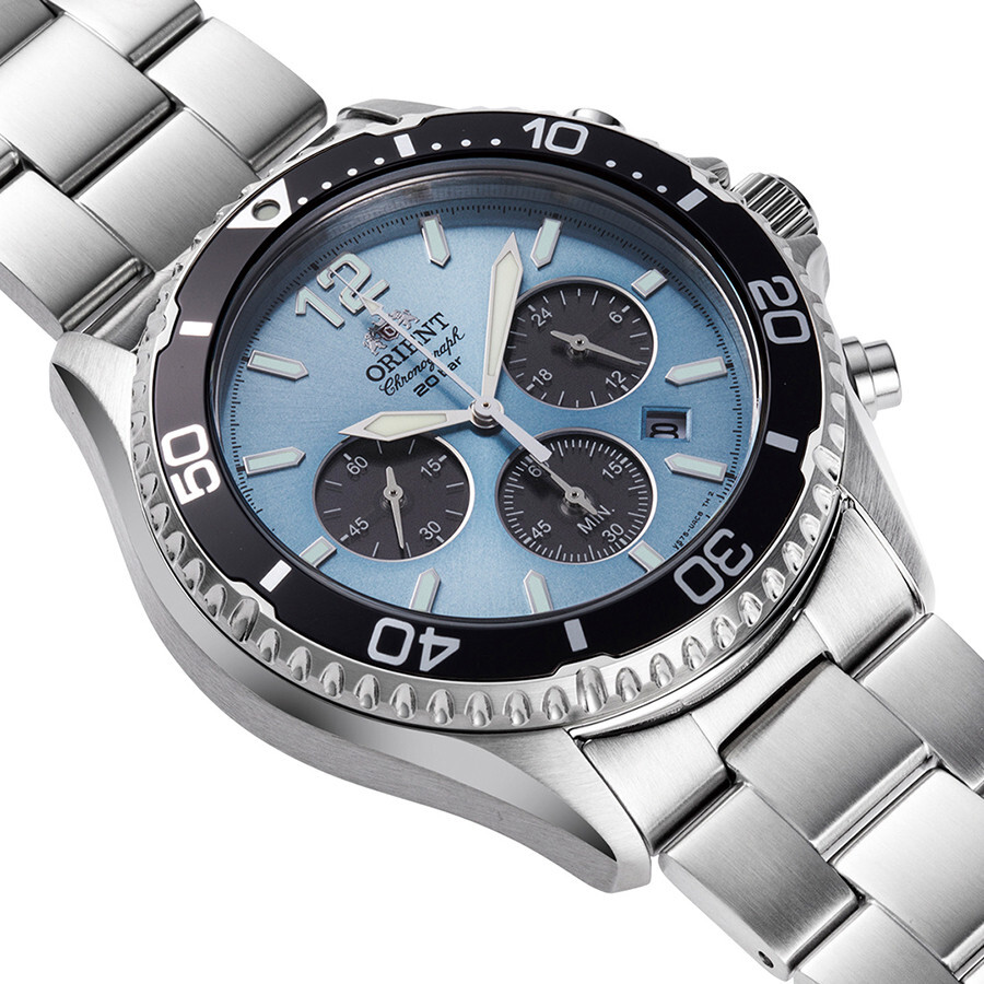 Pre-owned Orient Mako Rn-tx0206l Panda Blue Solar Chronograph Analog Men Watch Box